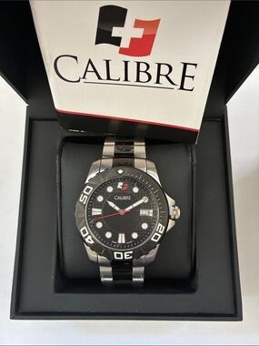 New Calibre Akron Black and Red Accent Stainless Steel Swiss Watch